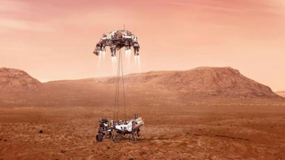 Bild: NASA/dpa
Die Illustration zeigt den Nasa-Rover „Perseverance“ bei der Landung auf dem Mars.