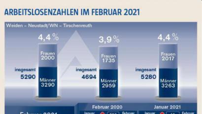 Bild: dnt_red
Die Arbeitslosenzahlen im Weidener Agenturbezirk im Februar 2021.