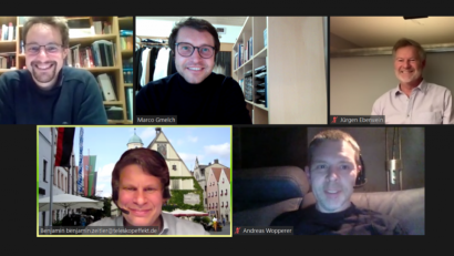 Screenshot: CSU/Benjamin Zeitler
Die CSU-Fraktionschefs der fünf größten Städte der Oberpfalz im
Videochat: (oben von links.) Matthias Schöberl (Amberg), Marco Gmelch (Neumarkt), Jürgen Eberwein (Regensburg), (unten von links) Benjamin Zeitler (Weiden) und Andreas Wopperer (Schwandorf).