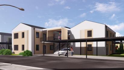 Grafik: HD Bau GmbH
Jeweils ein größeres und eine kleineres zweistöckiges Haus bilden in den Plänen für den Wohnpark Adolf-Kolping-Straße eine Einheit. Zwischen ihnen gibt es ein Verbindungselement. Insgesamt sollen in sechs Häusern 23 Wohneinheiten entstehen, und davor ebenso viele Stellplätze.