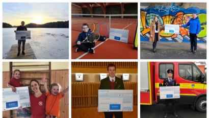 Bildmontage: Firma Schott/exb
Schottianer in Feierlaune: Die Spendenaktion für über 75 Projekte und Vereine fördert das regionale Ehrenamt von Angelvereinen, dem Tennisnachwuchs, einem Jugendtreff, Turngruppen, Schützen und vielen Helfern der freiwilligen Feuerwehren.