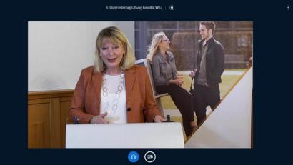 Bild:  Wiesel/OTH Amberg-Weiden
Die Präsidentin der OTH Amberg-Weiden, Professor Dr. Andrea Klug, begrüßt die Erstsemesterstudenten virtuell. Bis 30. April sind Präsenzveranstaltungen sicher nicht möglich.