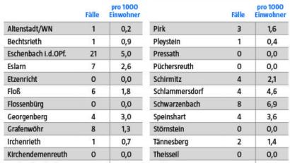 Bild: Landratsamt Neustadt
Die Coronazahlen in den einzelnen Orten des Landkreises Neustadt/WN