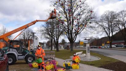 Bild: bö
Sie sind erste Frühlingsboten bei der Kunstwanderstation in Schmidmühlen: Knapp 300 Gießkannen baumeln heuer – derzeit noch im Schneegestöber an den Zweigen.
