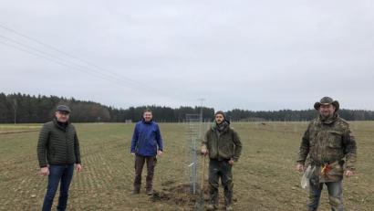 Bild: ibj
208 Esskastanien bilden das Rückgrat einer Agroforstfläche bei Ölhof. Am Tag der Pflanzung lässt sich der Hahnbacher Bürgermeister Bernhard Lindner von Stefan Kilian von der Bayerischen Landesanstalt für Landwirtschaft (LfL), von Malte Cegiolka (Baumschule Resilia) und von Grundstücksbesitzer Dominik Sachsenhauser (von links) über dieses Vorhaben informieren.