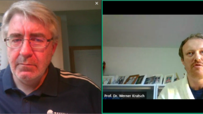 Screenshot: gth
Professor Dr. Werner Krutsch (rechts) beantwortete in einer 90-minütigen Online-Sprechstunde alle drängenden Fragen der Oberpfälzer Fußballvereine. Bezirksvorsitzender Thomas Graml moderierte die Veranstaltung.