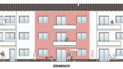 Grafik: Architektur- und Ingenieurbüro Schultes/exb
Auf der Südseite des Mehrfamilienwohnhauses werden sich einmal die Balkone befinden, die zu jeder Wohnung in den beiden oberen Stockwerken gehören.
