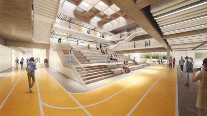 Bild: Arbeitsgemeinschaft ALN-GdlF ALN/Architekturbüro Leinhäupl + Neuber GmbH/Gutiérrez-Delafuente Arquitectos SLP
So stellen sich die Planer die neue Aula der Realschule vor.