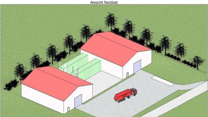 Bild: meineumweltGmbh/exb
Ein erster Entwurf zeigt die beiden Hallen, in denen der Klärschlamm angeliefert und das Trockengut gelagert werden sollen. Die Trocknungsanlagen sind grün dargestellt. Die Hallen sind rund 20 mal 25 Meter groß und am First gut 10 Meter hoch. Die nötigen Abluftkamine werden mindestens 13 Meter hoch.
