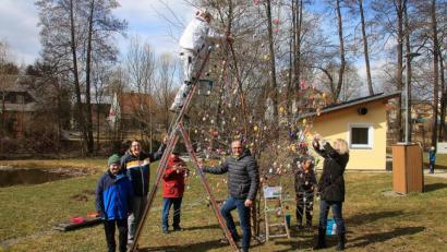 Bild: wro
Nur noch wenige Handgriffe, dann ist der bunte Osterbaum in der „Grünen Mitte“ fertig. Das Frühlingssymbol gestalteten (von links) Max und Sandra Pinzer, Hans Spörrer, Raimund Pinzer (auf der Leiter), Hubert Kraus, Christa Bayer und Christine Gärtner. Auf dem Foto fehlt Raimund Pinzer jun., der ebenfalls Hand anlegte.