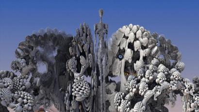 Bild: hka
Bernhard Müllers Fotocollage ist vom Computer erzeugt. Der ganze Hintergrund sind sichtbar gemachte dreidimensionale mathematische Funktionen, die der Künstler als Treffen des Malers Max Ernst und des Schweizer Bildhauers, Malers und Grafikers Alberto Giacometti bezeichnet.