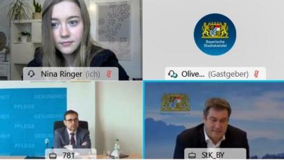 Bild:  Tobias Kober/exb
Nina Ringer (oben links) bei der Videokonferenz zum bayerischen Kinder- und Jugendgipfel, hier im Gespräch mit Ministerpräsident Markus Söder (unten rechts) und Gesundheitsminister Klaus Holetschek (unten links).