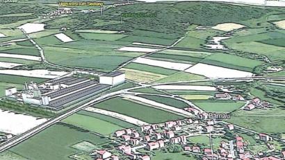 Bild: Stadt Bärnau/exb
Der Blick aus der Vogelperspektive ist aktuell nur eine recht grobe Plan-Darstellung. Doch vermittelt er ein ungefähres Bild der geplanten Betriebsansiedlung der Ziegler-Group bei Bärnau. Das Sondergebiet hat etwa die Größe der Altstadt.