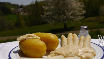 Bild: Miriam Lill
Es geht auch ohne Ei: Aus einem Sojadrink, Mehl, veganer Margarine und einem Hauch Muskatnuss wird eine leckere Sauce zum Spargel gezaubert.