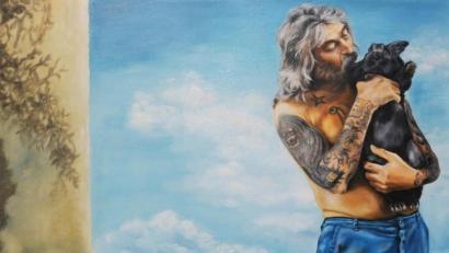 Bild: hka
Der "Herr der Hasen", gemalt in Öl auf Leinwand, ist eine Woche lang im Fenster der Galerie in der Frühlingsstraße ausgestellt.