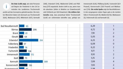 Bild: Lukas Meister
Das Landratsamt Tirschenreuth veröffentlicht wöchentlich aufsummierte Zahlen der Corona-Infektionen pro Gemeinde. Nicht in dieser Grafik angezeigt wird ein tschechischer Fall, der noch zu Beginn der Krise bei den Gesamtzahlen erfasst wurde.