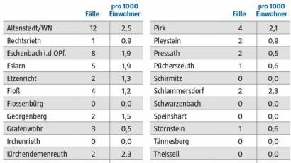 Bild: nt/az
Die Coronazahlen des Landkreises Neustadt/WN von 15. bis 21. April, aufgeschlüsselt nach Gemeinden.