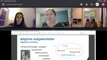 Screenshot: Eichl
Corinna Loewert (Mitte), Klimaschutzmanagerin der Stadt Amberg, diskutiert auf Einladung des Grünen-Kreisverbands online über Zweck und Ziele eines kommunalen Klimaschutzmanagements.