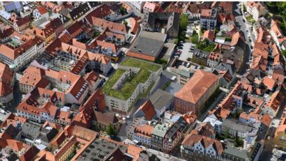 Grafik: Ten Brinke
Computeranimation aus dem Hause Ten Brinke: Bei dem Gebäude mit dem grünen Dach in der Bildmitte handelt es sich um den geplanten Gebäudekomplex auf dem Bürgerspital-Areal.