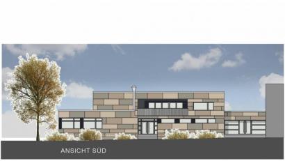 Grafik: apg 90/Rainer Pichl/exb 
So soll die generalsanierte Mehrzweckhalle 2023 aussehen. Die ursprüngliche Form des Baukörpers bleibt, fast alles andere wird neu.