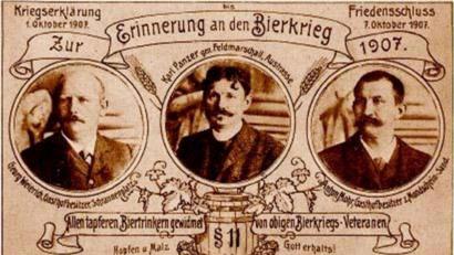 Bild: exb
Eine Postkarte von 1907 mit den Initiatoren des Bamberger Bierkrieges.