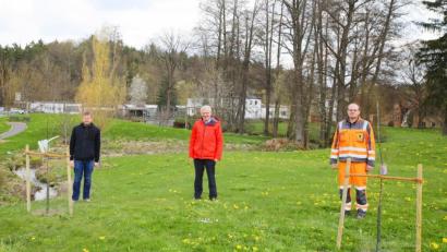 Bild: njn
Im Park südlich des Aribo-Hotels an der Südbahnhofstraße setzte der Bauhof die beiden Apfelbäumchen ein. Auf dem Bild Bürgermeister Johannes Reger (Mitte) mit (von links) Technischer Angestellter Markus Meyer und der Mitarbeiter des städtischen Bauhofs, Jörg Hippmann.