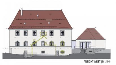 Repro: bsc
Zum 2,5 Millionen Euro teuren Umbau des ehemaligen Lehrerwohnhauses zum Friedenfelser Rathaus bekam die Gemeinde Post vom Bund der Steuerzahler. Das Bild zeigt die künftige Westansicht. Ausgearbeitet hat den Plan das Architekturbüro Hilgarth.