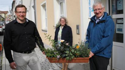 Bild: njn
Individuell angepflanzt wurden die insektenfreundlichen Blumenkästen für das Rathaus und die Geschäftsstelle der Steinwald-Allianz. Auf dem Bild (von links) Geschäftsführer Martin Schmid, Projektmanagerin Eva Gibhardt und Bürgermeister Johannes Reger.