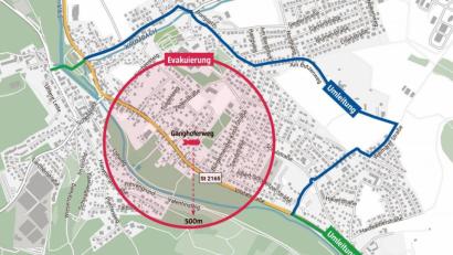 Bild: Polizeiinspektion Amberg
Der Sperrkreis und die Umleitung, die in Kümmersbruck für den Verkehr eingerichtet wird, wenn am Samstag tatsächlich eine Bombe entdeckt wird und entschärft werden muss.