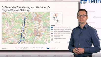 Screenshot: Tennet; infomarkt.tennet.eu/exb
Tennet-Teilprojektleiter Markus Wiesel erläutert im Video den Stand der Trassierung für den Süd-Ost-Link, hier für den Abschnitt von Pfreimd bis Nabburg.