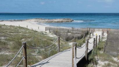 Bild: Andreas Drouve/dpa
Das Meer wartet: Der Steg-Zugang zum Strandbereich Llevant im Norden.