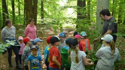 Bild: dob
Die Mädchen und Buben des Kindergartens Don Bosco sammeln bei einer Waldwoche viele Eindrücke. Projektleiterin Julia Dobmayer (Zweite von links) lud dazu WBV-Förster Andreas Eiser (rechts) ein, der den Kindern durch ein Experiment zeigte, wie sich Wasser im Waldboden reinigt.