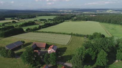 Bild: bey
Östlich von Gelpertsricht, eingerahmt von einem Baumbestand auf der linken Grundstücksseite und einer Hecke an der westlichen Grundstücksgrenze zu den Häusern Gelpertsrichts hin, soll auf der großen, hellgrün erscheinenden Fläche die neue Photovoltaikanlage errichtet werden. Die Anlage Forsthof wird auf der grünen Fläche in der linken oberen Bildhälfte hinter dem Baumbestand gebaut. Dazwischen sind Anlagen des Golfclubs Schwanhof.