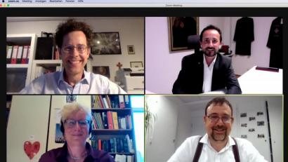 Screenshot: wku
Axel Töllner, Stefan Fischer, Bettina Hahn und Elias Dray referierten in einer Zoom-Veranstaltung über christlich-jüdisches Zusammenleben in Vergangenheit und Gegenwart.