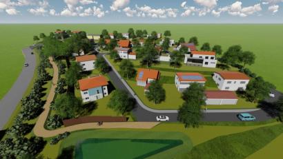 Grafik: Dykiert Ingenieurbüro EBB/exb
Eine Visualisierung des beauftragten Stadtplaners zeigt einen Draufblick auf das geplante Baugebiet „Traunricht Südhang“. Links führt die Staatsstraße 2151 vorbei (Regensburger Straße), unten schließt sich die Reitanlage Rittmeyer an, oben verliefe der Poststeig.