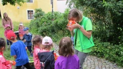 Bild: Regina Wächter/exb
Naturpädagogin Birgit Simmeth zeigte den kleinen Besuchern, was es auf einer Wildwiese zu entdecken gibt.