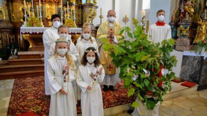 Bild: fdl
Pfarrer Johann Hofmann und Gemeindereferentin Barbara Schlosser (hinten, links) zusammen mit den vier Kommunionmädchen nach dem Festgottesdienst, dessen Motto „der Weinstock und seine Reben“ war.