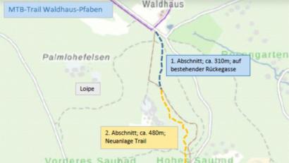 Repro: njn
Der Streckenverlauf des neuen Mountainbike-Trails vom Waldhaus bis nach Pfaben.