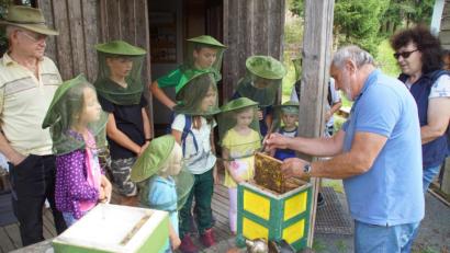 Bild: mmj
Neugierig beobachteten die Kinder das Innenleben eines Bienenstocks, das ihnen die Imker Josef Grosser (rechts) und Richard Forster (links) zeigte.