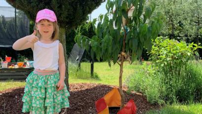 Bild: rpp
Victoria Catharina freut sich sehr über den neuen Pfirsichbaum, den ihnen OGV Vorsitzender Josef Häckl überreichte. Vielleicht kann sie schon nächstes Jahr im eigenen Garten Pfirsiche naschen.