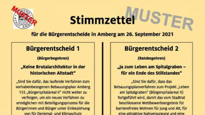 Bild: Thomas Graml, Stadt Amberg/exb
Ein Musterstimmzettel für die beiden Bürgerentscheide in Amberg: Parallel zur Bundestagswahl am 26. September entscheiden die Amberger auch über die Zukunft des Bürgerspitalgeländes.