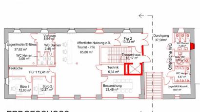Grafik: Stadt Marktredwitz/exb
Im Erdgeschoss des Malzhauses soll eventuell einmal die Tourist-Info der Stadt Marktredwitz untergebracht werden. Gleich neben dem Durchgang vom Winkel zum Stadtpark werden öffentliche Toiletten geschaffen.