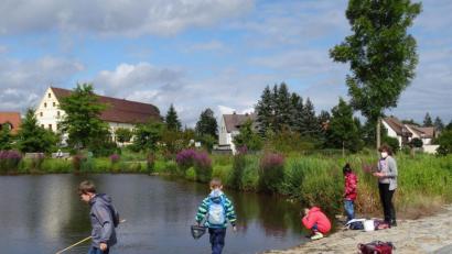 Bild: Stadt Tirschenreuth/exb
Beim Ferienprogramm des Museumsquartiers war auch der Stadtteich eine interessante Station. Im Bild Museums-Pädagoginn Erika Rahm (rechts) und vier der Kinder bei der Erkundung des Stadtteiches