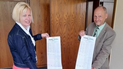 Bild: Stadt Weiden/Pressestelle
Kreiswahlleiterin Nicole Hammerl und ihr Stellvertreter Reinhold Gailer stellen den Stimmzettel im Wahlkreis 235 Weiden für die Bundestagswahl vor.