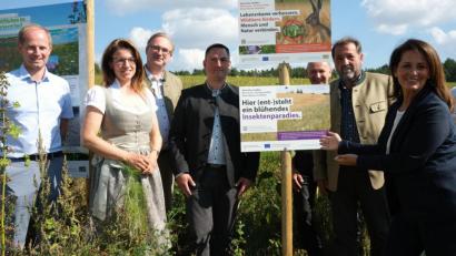 Bild: Hirsch
Landwirtschaftsministerin Michaela Kaniber (rechts) brachte am Feldrand Schilder an, die auf das „blühende Insektenparadies“ und die Lebensräume für Wildtiere hinweisen. Von links: Bürgermeister Konrad Kiener, Bundestagskandidatin Martina Engelhardt-Kopf, BJV-Kreisgruppenvorsitzender MdL Alexander Flierl, Hegegemeinschaftsleiter Stefan Leitl, Landwirt Oskar Reis und Wildlebensraumberater Balduin Schönberger.