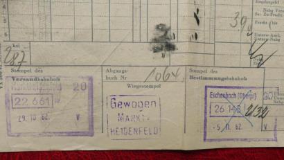 Bild: rn
Der Transport eines Kartons dauerte 1962 von Marktheidenfeld in Unterfranken nach Eschenbach sieben Tage.