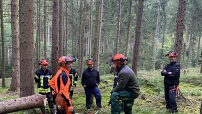 Bild: omu
Im Wald erklärte Kreisbrandmeister Peter Prechtl den Lehrgangsteilnehmern alles über Schnitttechnik, Holzspannung und Beurteilung der Lage.