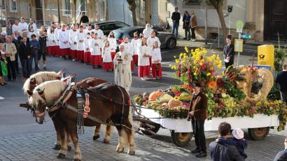 Bild: bph
Eine Augenweide war der Erntewagen des Landvolks Brudersdorf-Diendorf. Ein Pferdegespann zog ihn zum Unteren Markt. Pfarrer Hannes Lorenz segnete die Erntegaben.