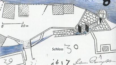 Grafik: Staatsarchiv Amberg/exb
Ausschnitt aus der „Mappa“ von Hartman Rumpff aus dem Jahr 1617. Dargestellt sind das Abzugshäusl (8) sowie der verwinkelte Abzugskanal zum heutigen "Musl".