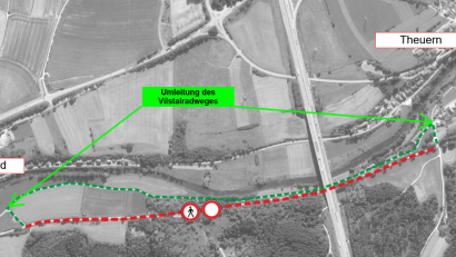 Bild: Staatliches Bauamt Amberg-Sulzbach/exb
Eine Skizze des Staatlichen Bauamts Amberg-Sulzbach zeigt, in welchem Bereich der Vilstalradweg gesperrt werden muss (rote Markierung) und wie die Umleitung erfolgt (grüne Markierung).